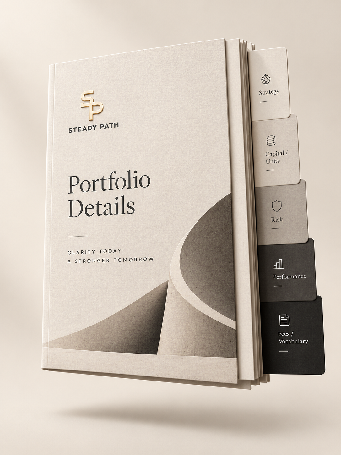 หนังสือ Portfolio Details ลอยบนฉากสีงาช้าง พร้อมโลโก้ STEADY PATH และแท็บ Strategy, Capital / Units, Risk, Performance และ Fees / Vocabulary